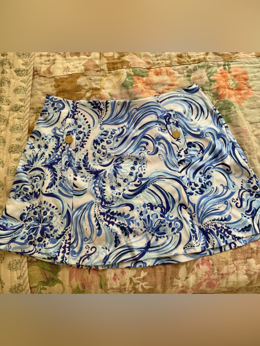 Blue & White Printed mini Skirt with Gold Button Accent